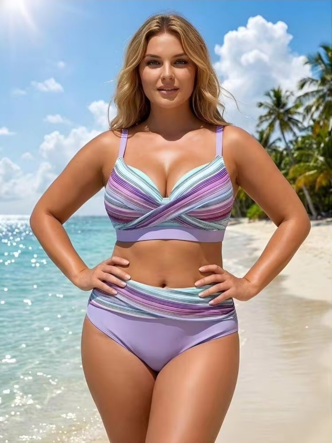 Shein Princess Wave Purple Bikini Set Striped Purple Pink Nwot
